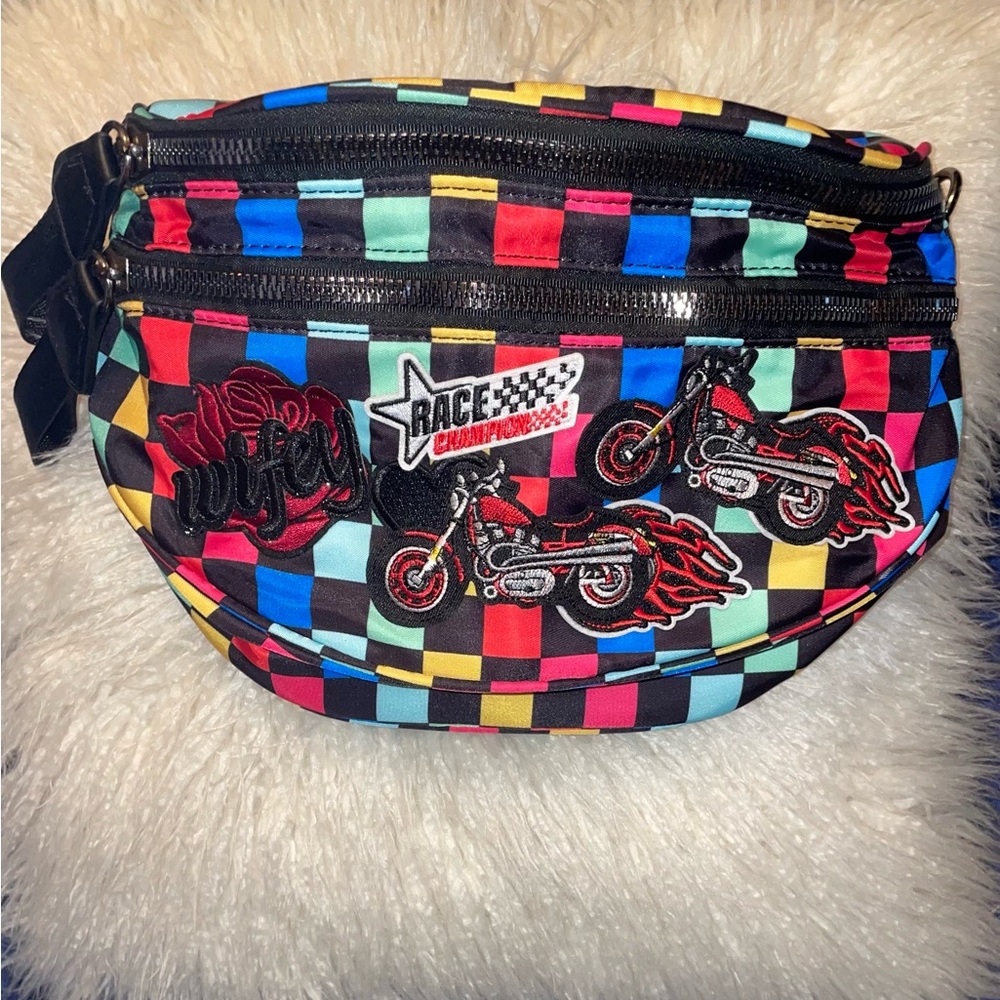 Colorful Checkered Bum 
bag with Motorcycle Patches